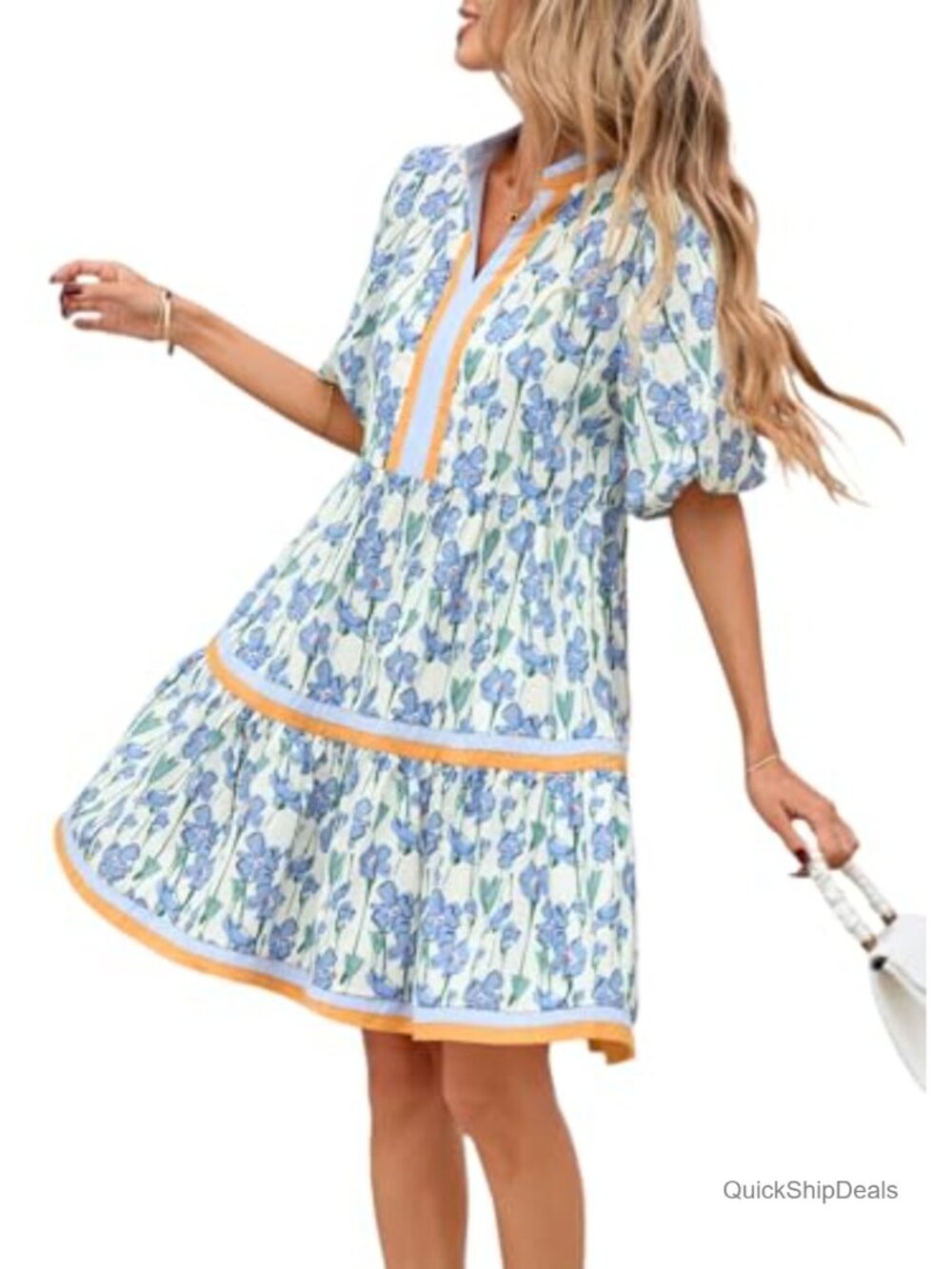 Women Floral Babydoll Mini Dress V Neck Puff Sleeve Cotton